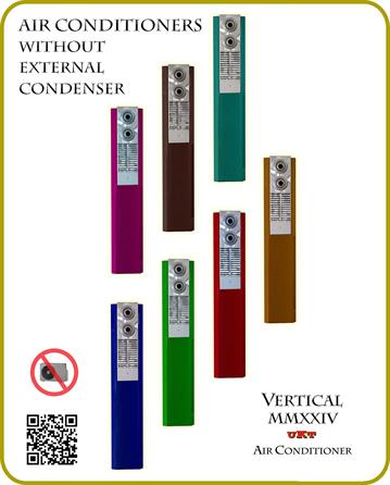 VERTICAL AIR CONDITIONER IN COLORS
An ideal solution to quickly provide AC without outdoor unit in restoration projects, urban areas re-qualifications etc.
A perfect combination of technology with various color choices suitable from contemporary interior design to classic.
UKT Air Conditioners Adopts an Exclusive Technology which Allows Its Air Conditioners to operate by Mean of a Single Hole Through the Wall Without Wasting Indoor Air to Provide Compressor Cooling.